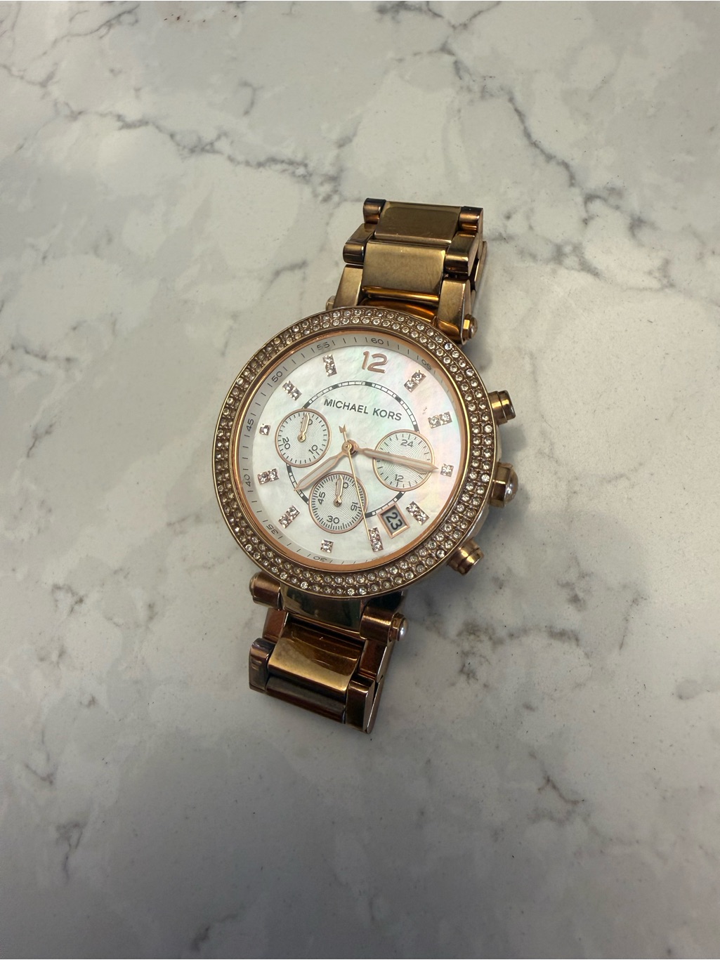 Michael Kors Rose Gold Crystal-Trim Chronograph Watch With Mother-Of-Pearl Dial